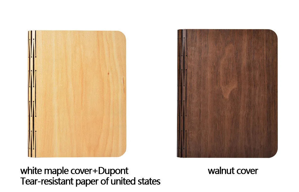 Walnut cover LED book light open at an angle showing white light pages on a surface
