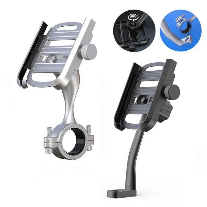 Aluminum alloy motorcycle phone holder with double adjustment on handlebar mount