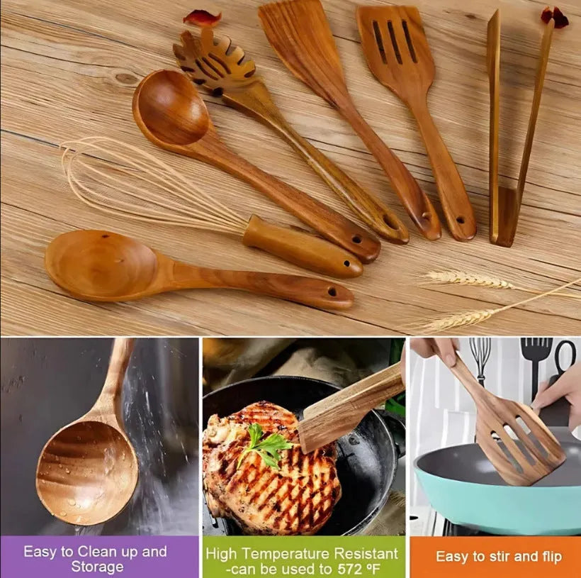 Natural wood 7-piece cooking utensil set for non-stick pans on a kitchen counter.