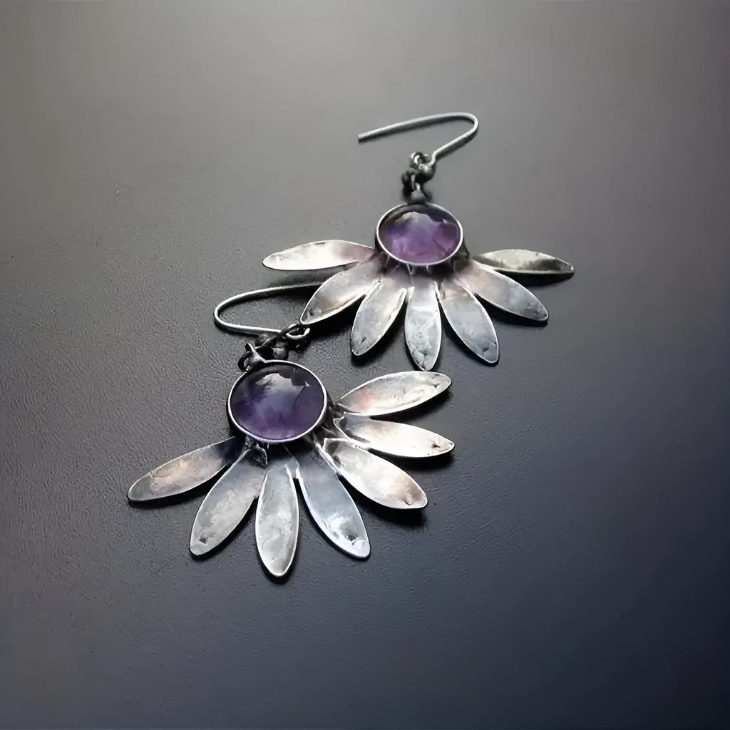 Purple resin Bohemian earrings with floral design and animal zodiac elements
