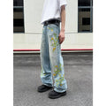 High street casual blue denim wide leg trousers with zip placket and mid-waist fit on model