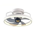 Modern white ceiling fan with integrated light and five blades, shown installed on a ceiling.