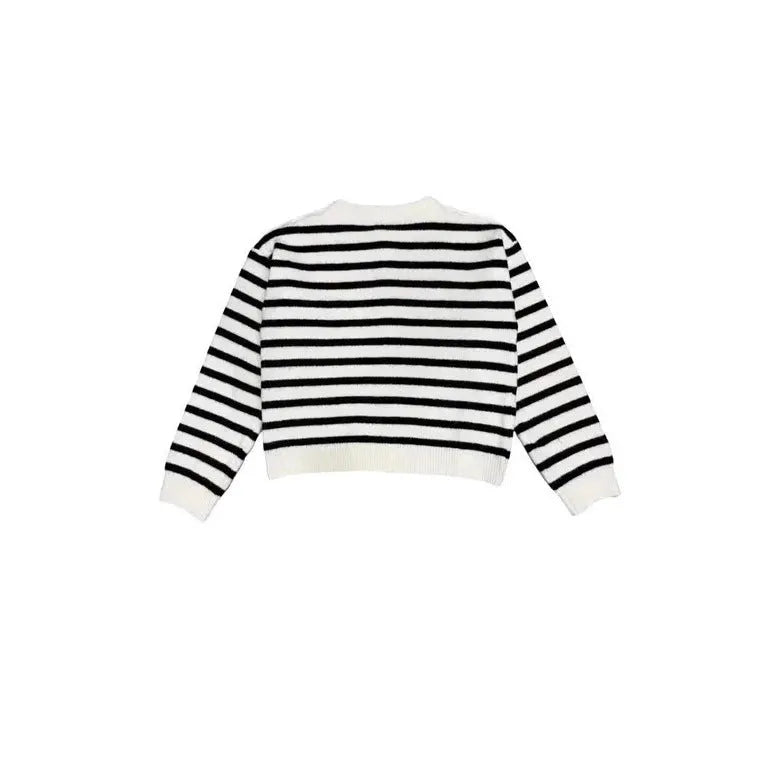 Women's long sleeve striped colour block cardigan in pink, white and black colours, cotton polyester fabric