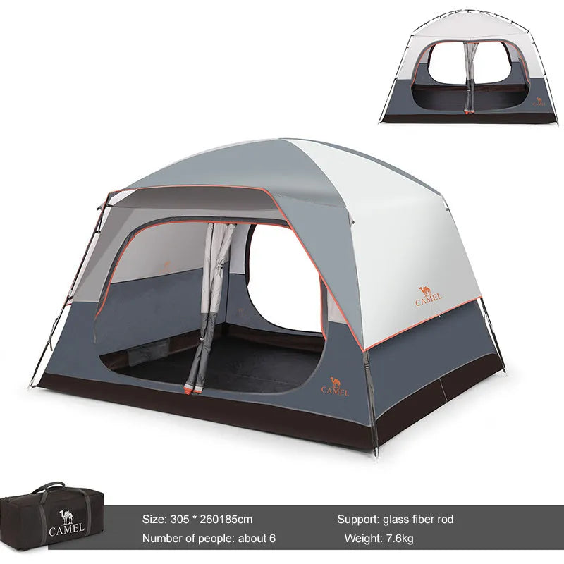 Titanium gray quick-build outdoor tent with glass poles, 305x260x185cm size, for 6-8 person camping