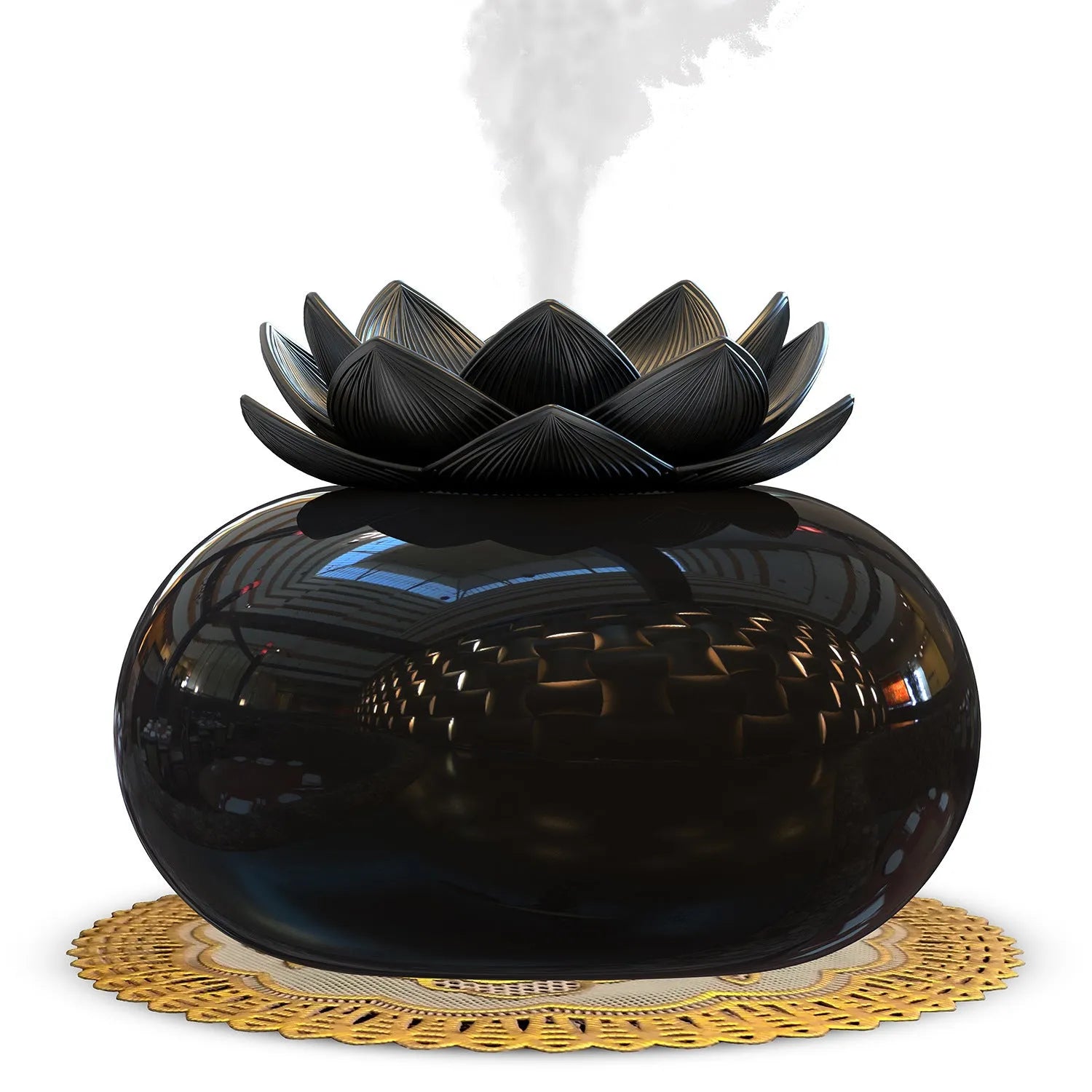 Pure black lotus-shaped USB aromatherapy humidifier with ceramic bowl on a table