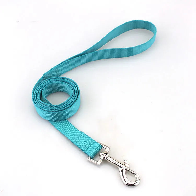 Solid colour nylon dog lead shown in various colours with hand-holding rope design