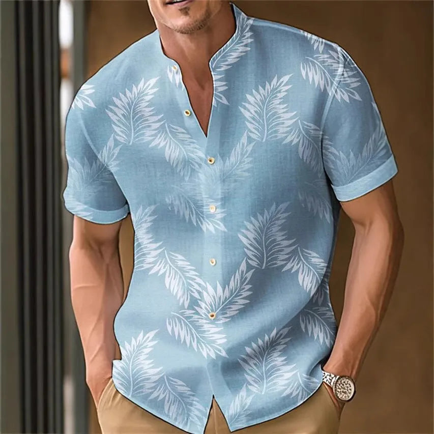 Men's printed casual polyester shirt on a hanger, showing one of the available colour options.