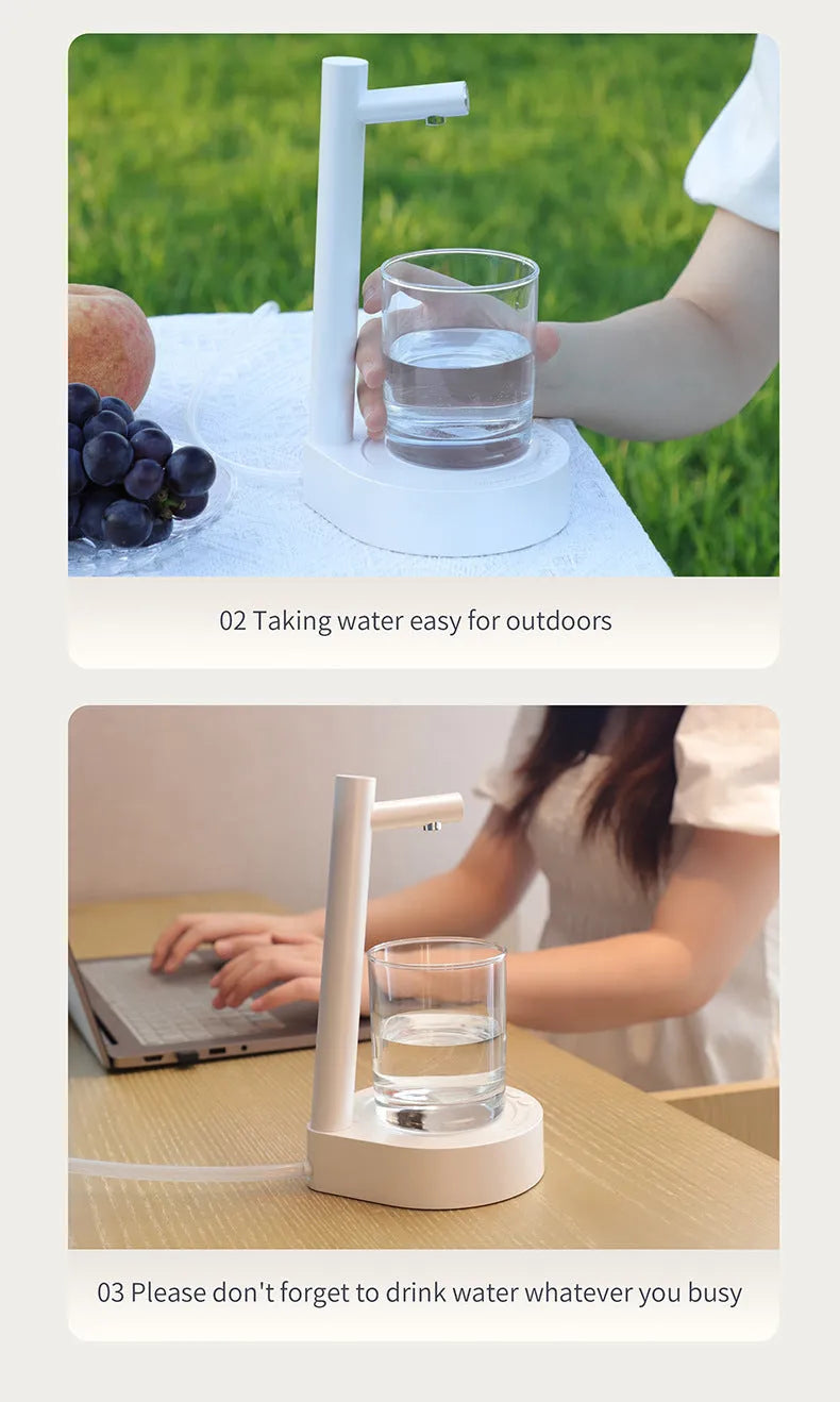 Desktop bottled water automatic pumping device with rechargeable 1800mAh battery in black and white ABS shell