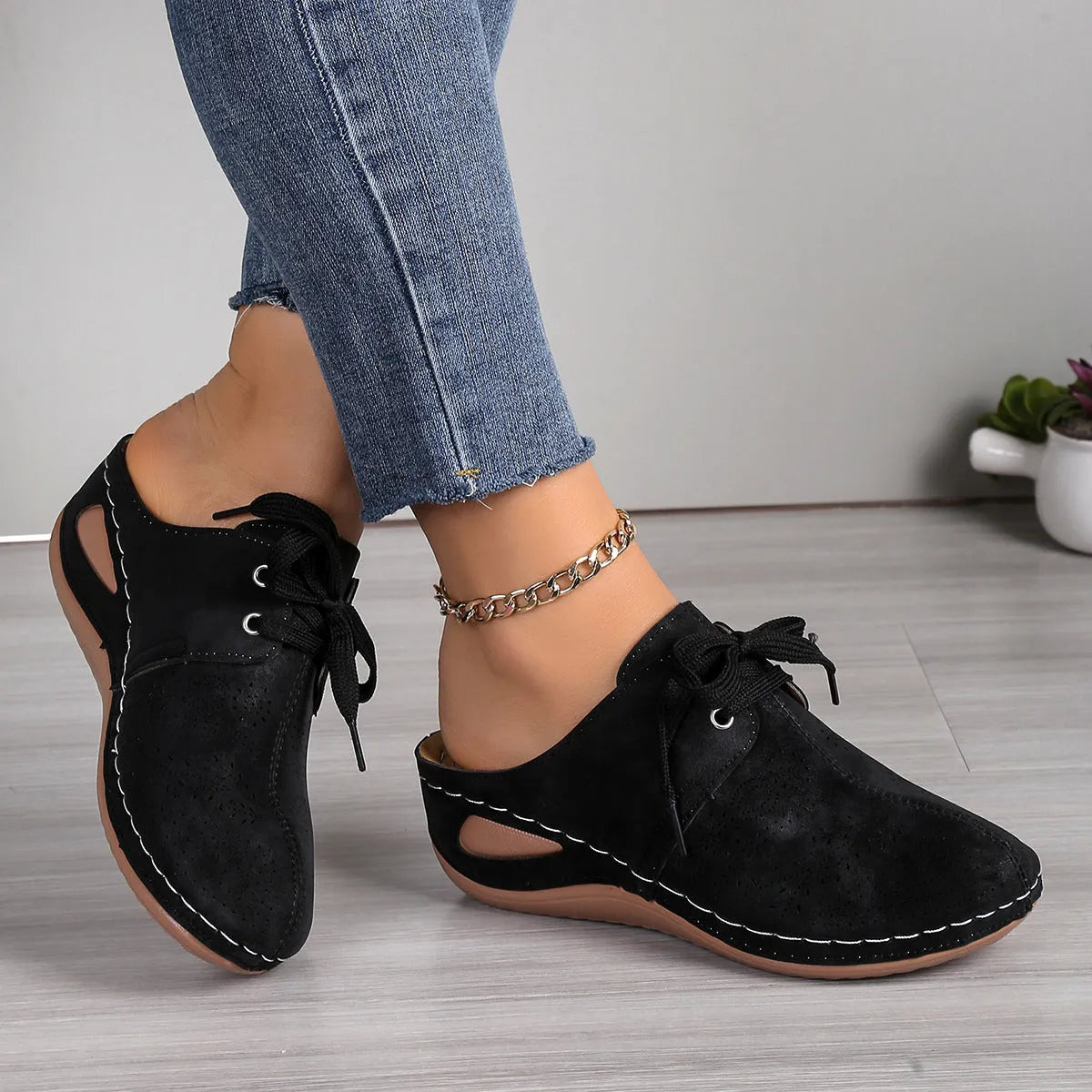 Women's lace-up wedge slippers with hollow out design in light grey colour