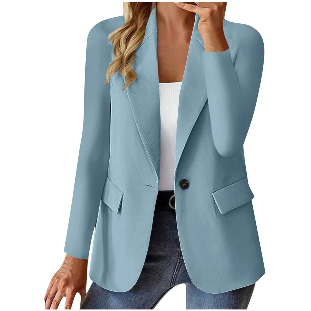Women's long sleeve solid colour cardigan small suit jacket slim fit with pockets in black polyester fabric.