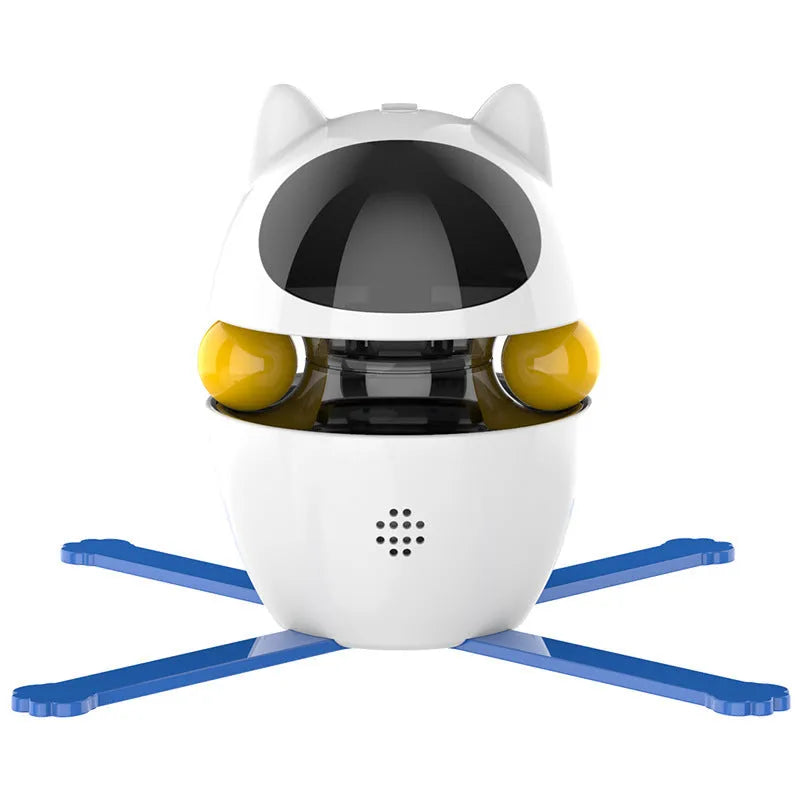 White electronic interactive cat toy with elastic rope attachment on flat surface