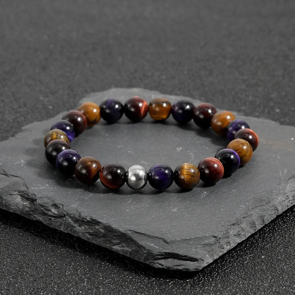 Handmade natural tiger-eye stone bracelet with geometric beads on elastic band