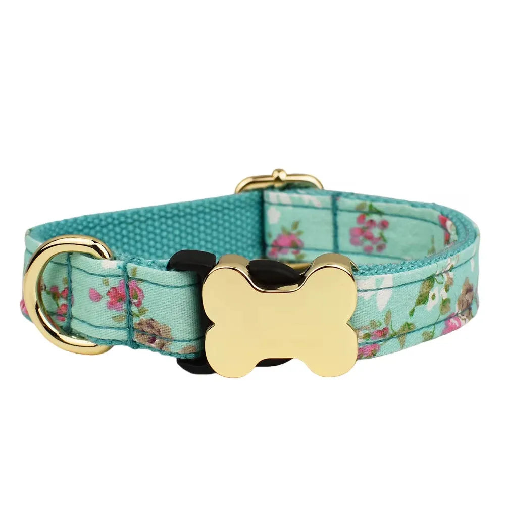 Flat nylon dog collar with grid print and a silver bone-shaped metal buckle on a green background.