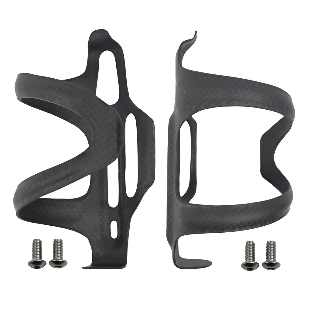 Black carbon fibre side-pull water bottle cage for road and mountain bikes.