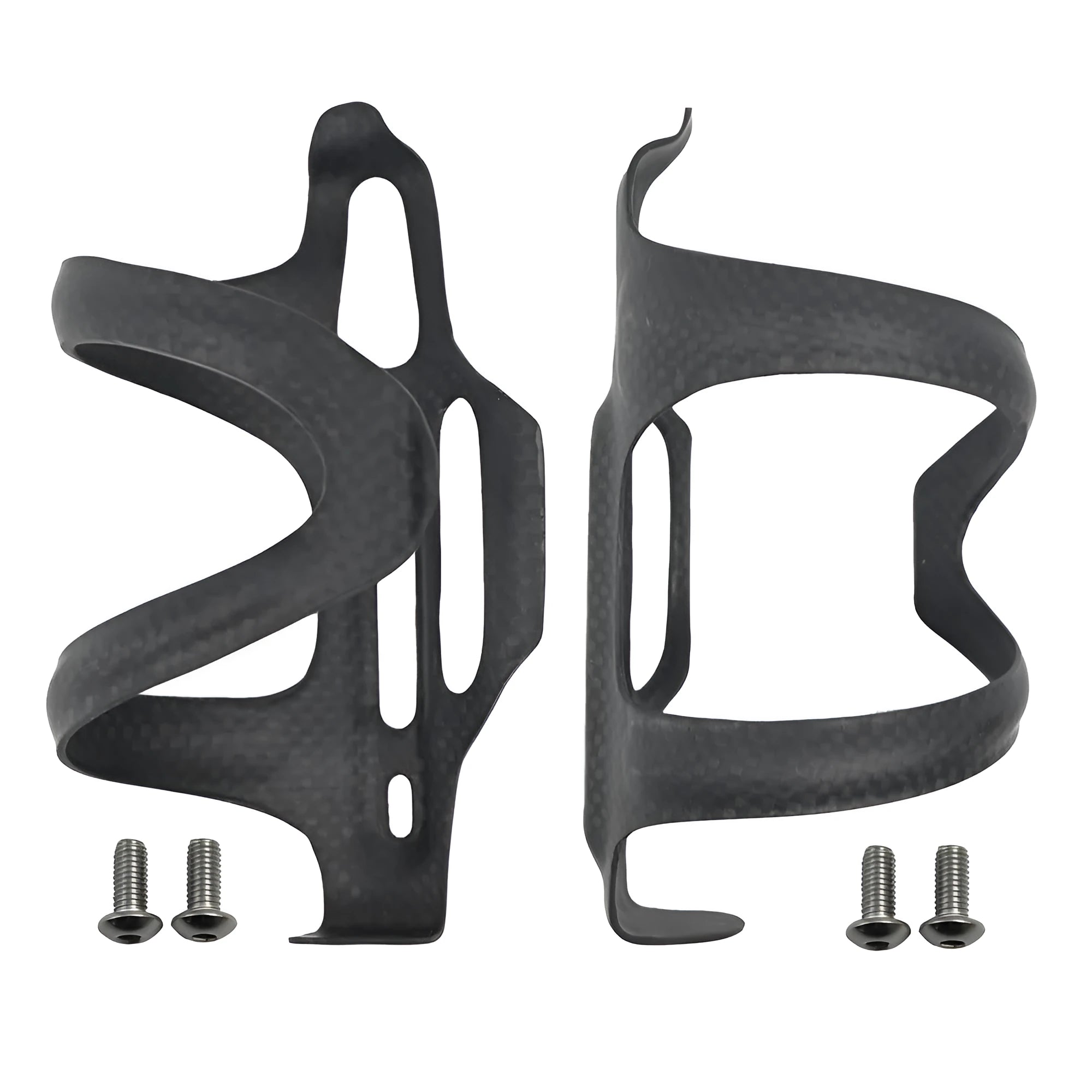 Black carbon fibre side-pull water bottle cage for road and mountain bikes.