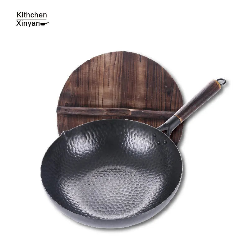 Traditional black iron wok with wooden handle, 40cm diameter base