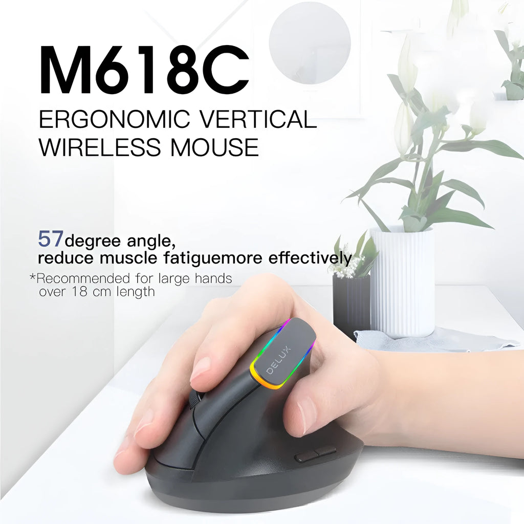 Black and white M618C wireless vertical ergonomic mouse with RGB lighting on a desk.