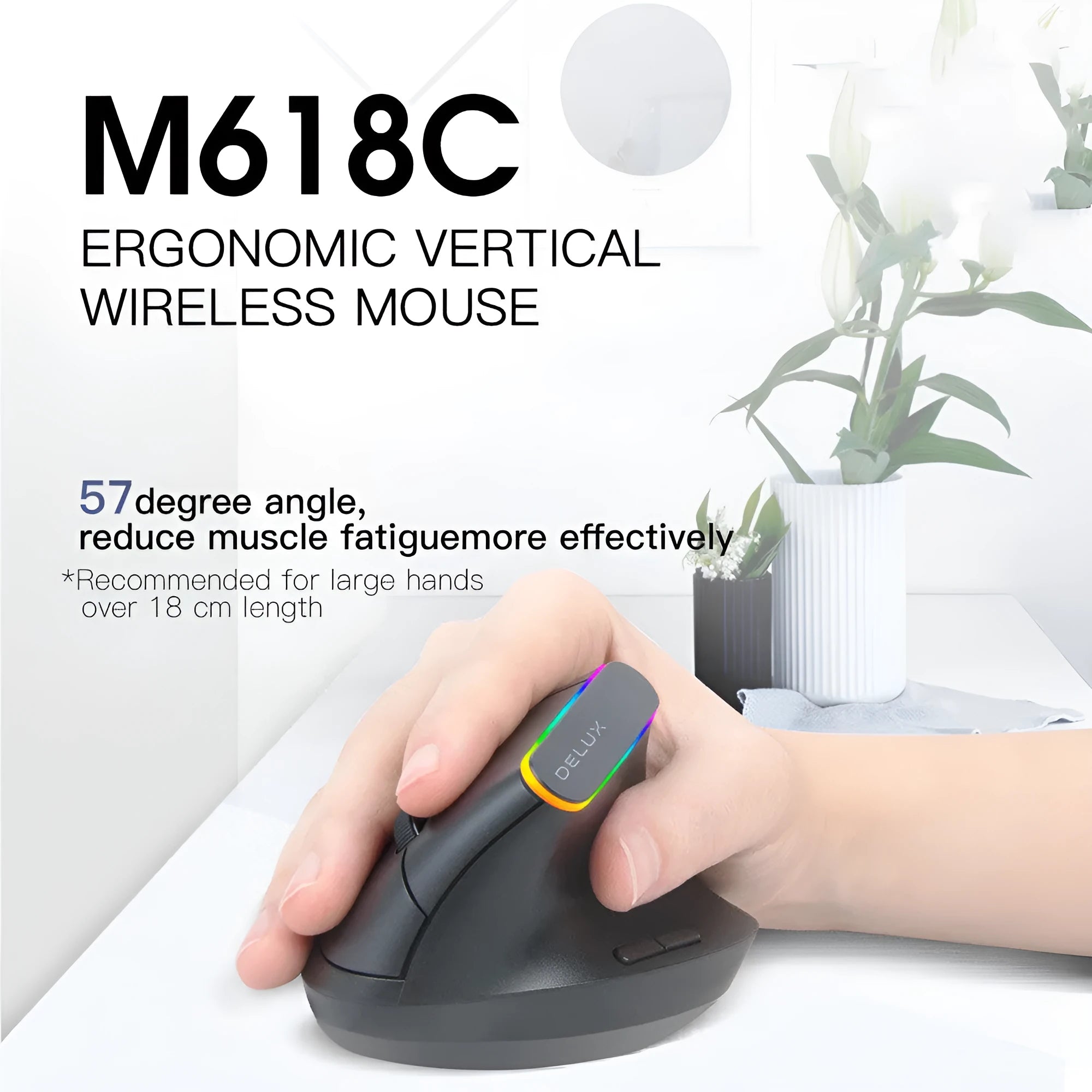 Black and white M618C wireless vertical ergonomic mouse with RGB lighting on a desk.