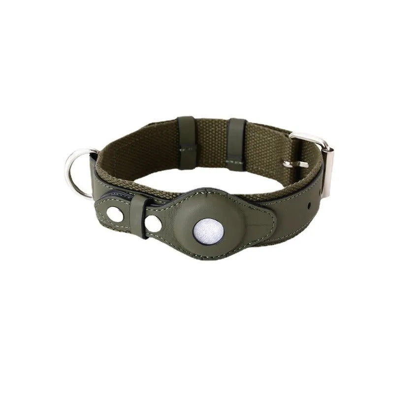 Leather dog collar with AirTag holder in black, adjustable for medium to large dogs