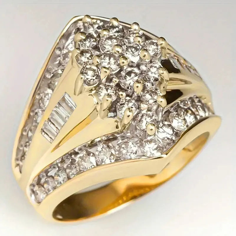Gold electroplated copper heavy industry ring with geometric palace style design