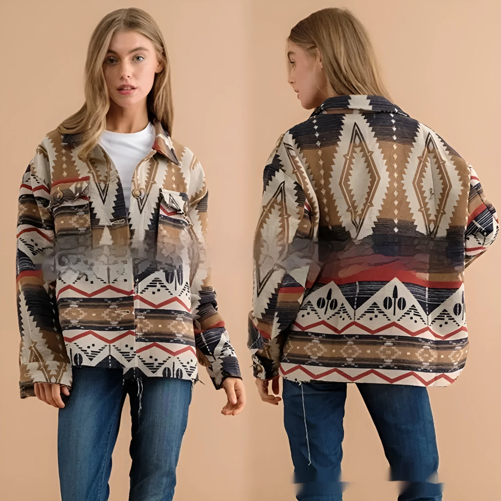 Women's retro style Aztec print jacket in woolen coat fabric, shown in army green.