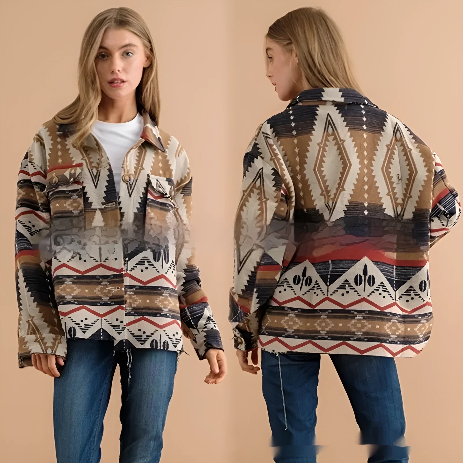 Women's retro style Aztec print jacket in woolen coat fabric, shown in army green.
