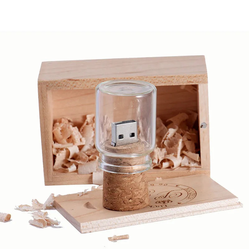 Chocolate brown wooden USB drive with custom lettering engraving in drift bottle storage disk design