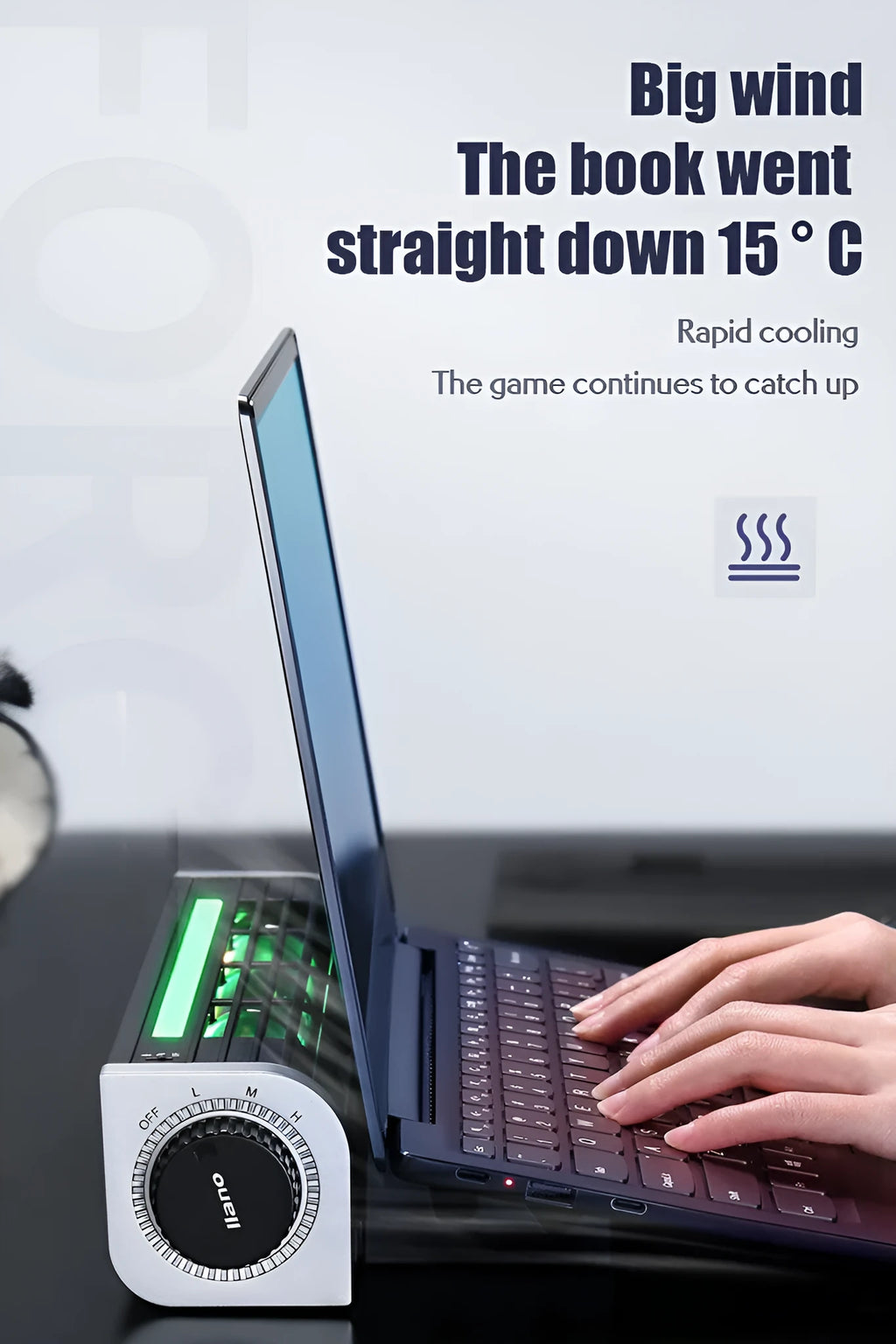 Black notebook cooling pad with dual fans, showing dimensions of 294mm wide by 65mm deep.