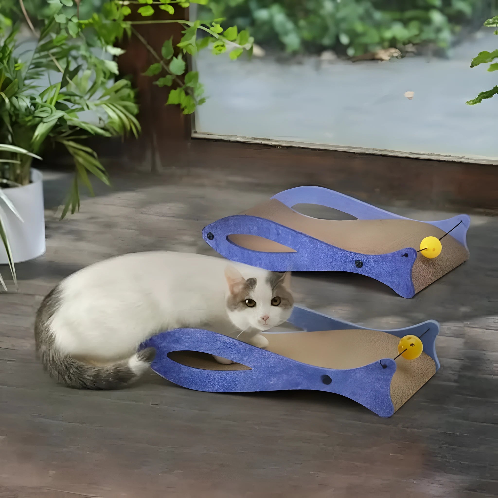 Blue fish-shaped cat scratcher pad with ball toy on elastic cord, wavy cardboard design for scratching and lounging