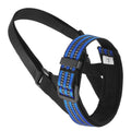 Adjustable black mesh dog muzzle with reflective strips and padded nose guard on a dog