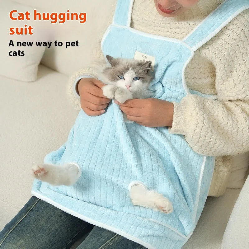 Cat petting apron in multiple colour options including pink, blue, purple and striped variations