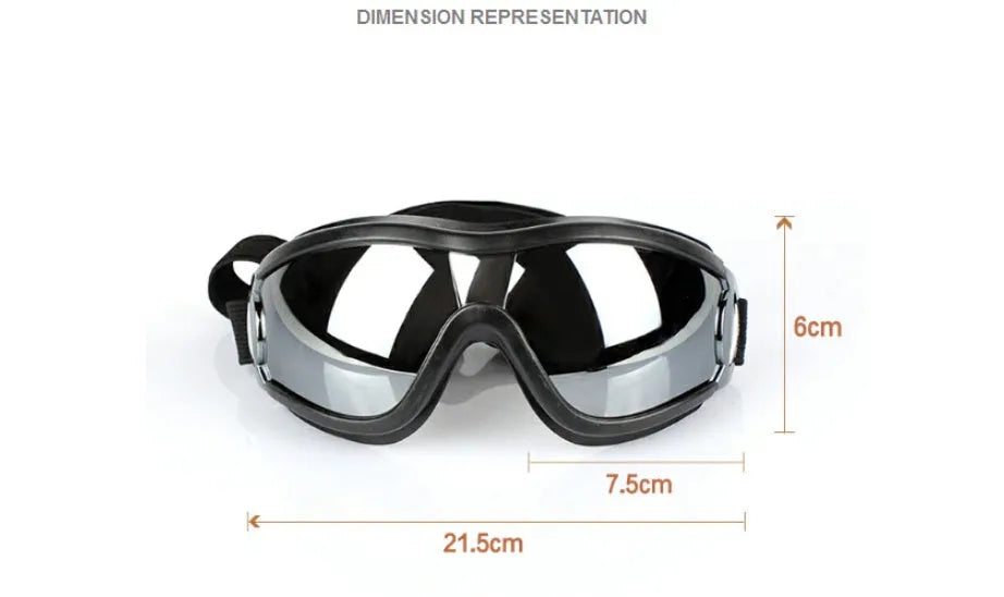Black dog goggles with PC lens and PVC frame, one size for large dogs, waterproof and windproof.