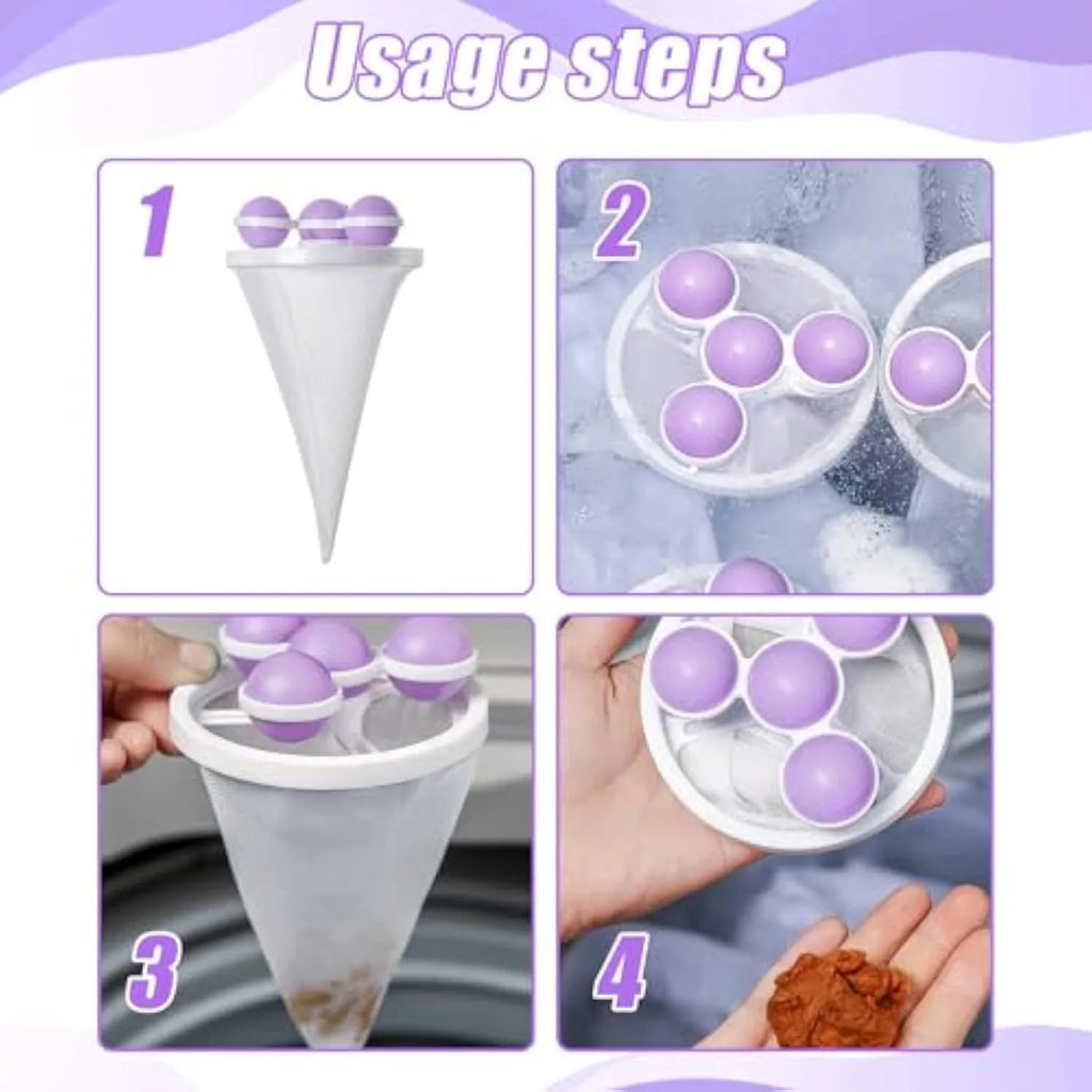Reusable washing machine filter bag in blue pink purple colours catching pet hair and lint