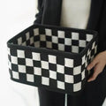 Checkerboard woven felt storage basket with folding design measuring 37x29x19.5cm