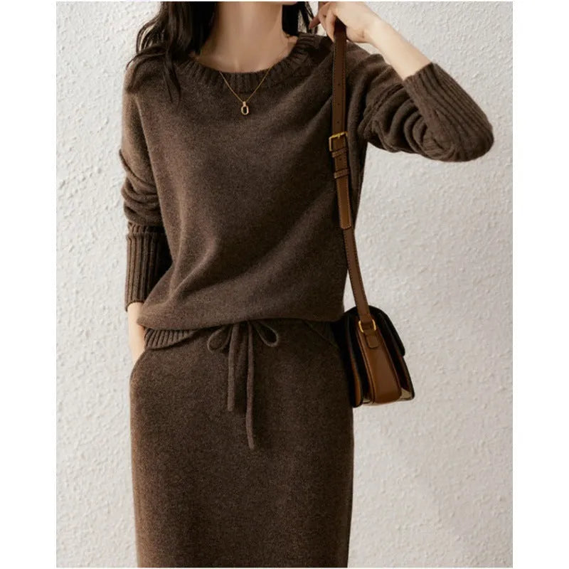 Women's knitted loose top and mid-length skirt two-piece set in coffee colour with long sleeves and tie-dye pattern