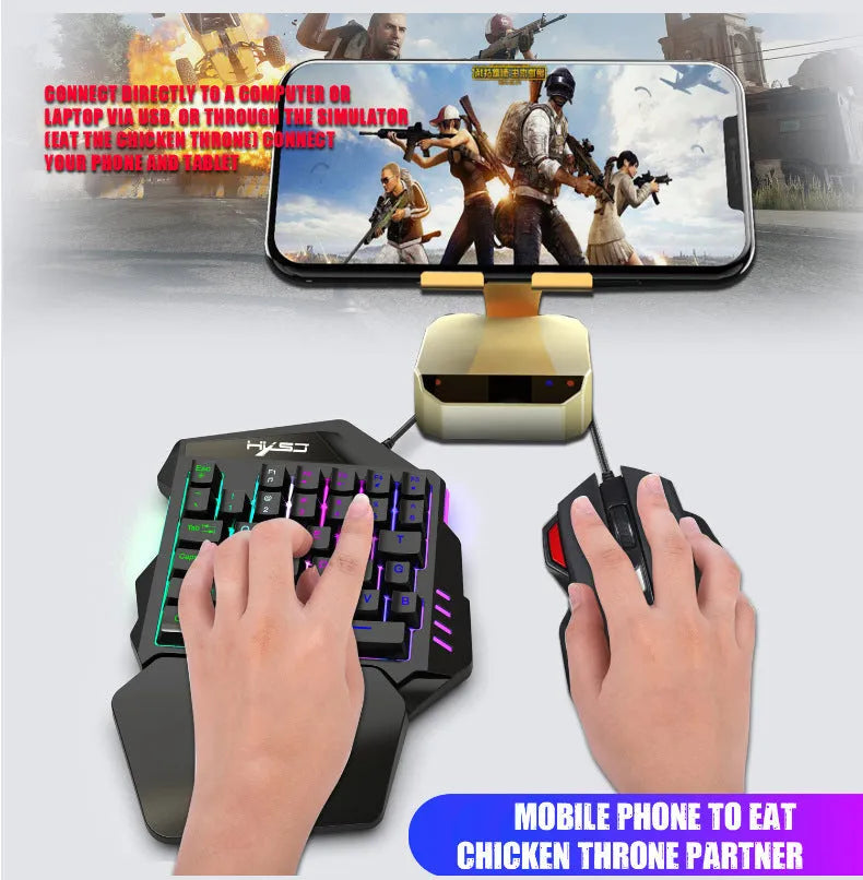 V100 one-handed mini portable black gaming keyboard and mouse set with USB 2.0, 35 keys, and 1.6m cable