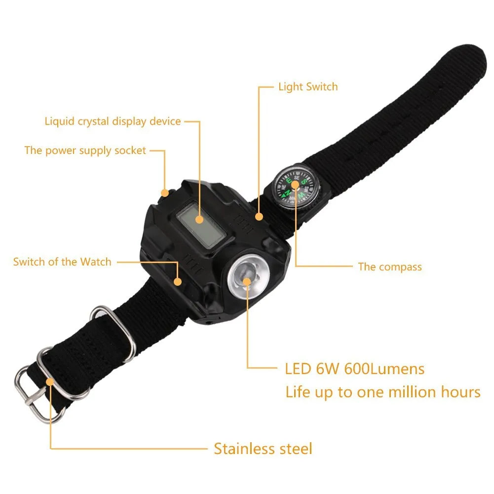 Black LED wrist watch flashlight with USB charging, 4 modes, compass, time display and 22 x 2.4 cm wristband