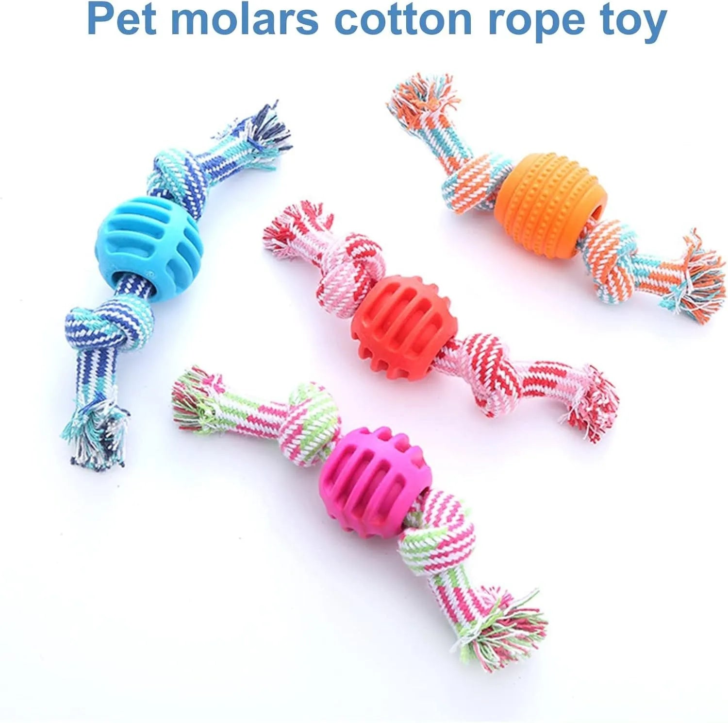 Blue soft dog chew toy with rope attachment for teeth cleaning and tug play.