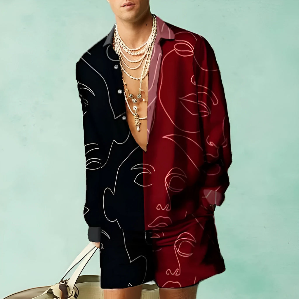 Men's slim fit polyester shirt and loose casual shorts matching set on a hanger.