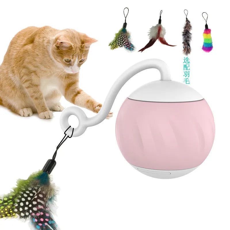 Electric luminous cat toy ball in watermelon green and pink design next to pumpkin orange version
