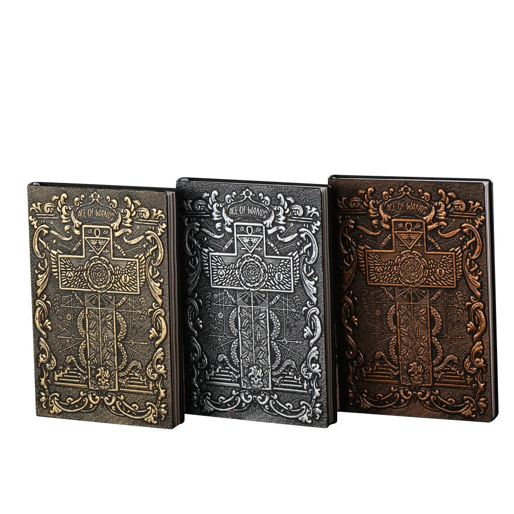 Tarot card retro embossed PU notebook in red bronze colour, A5 size with writing paper, closed view