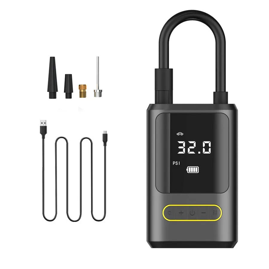 Handheld wireless digital display car air pump with LED light on black ABS body.