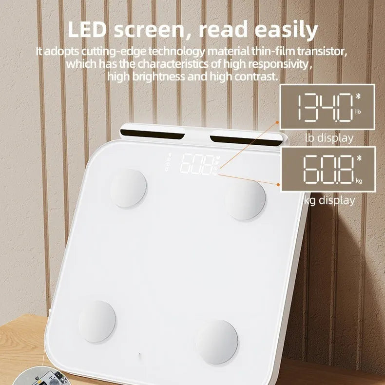 White smart body fat scale with 8 electrodes and a large LED display on a tempered glass platform.