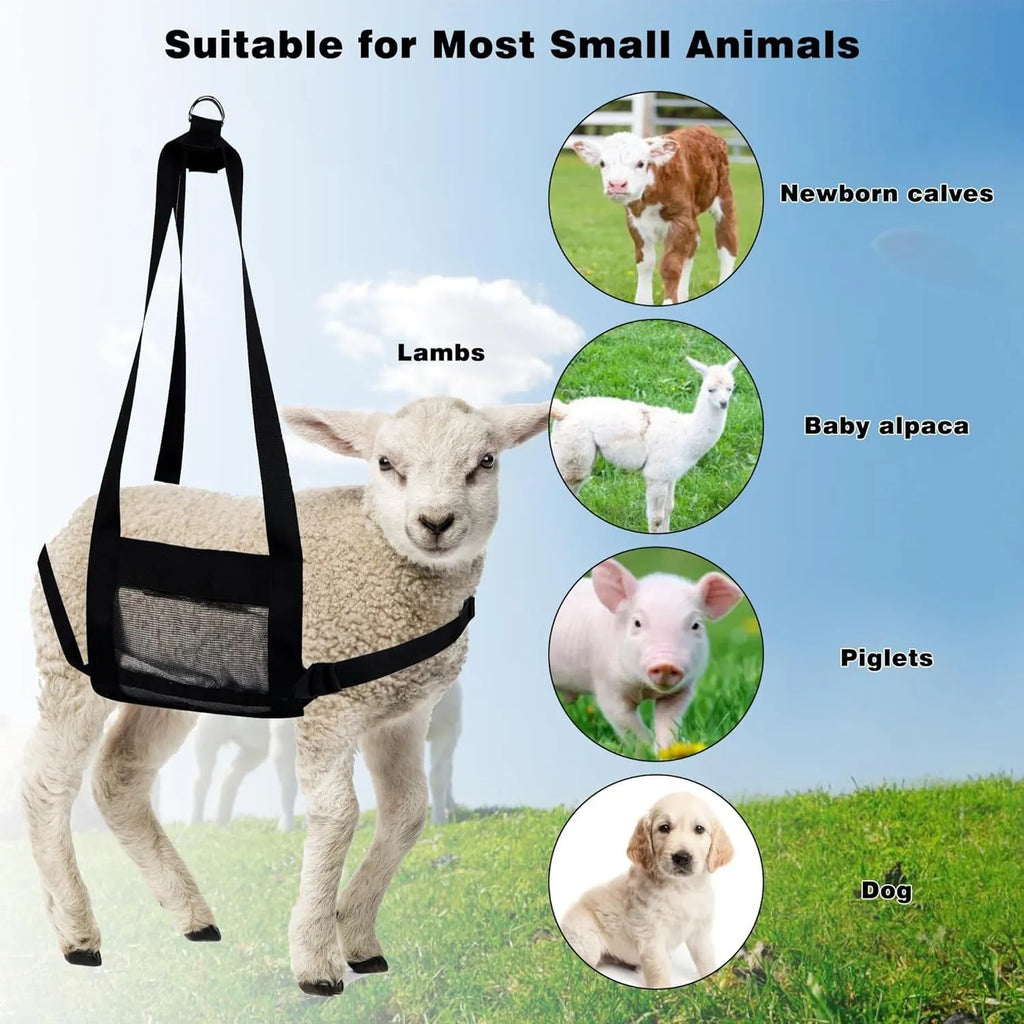 Black polyester calf and large dog weighing sling measuring 150cm long with D-rings.