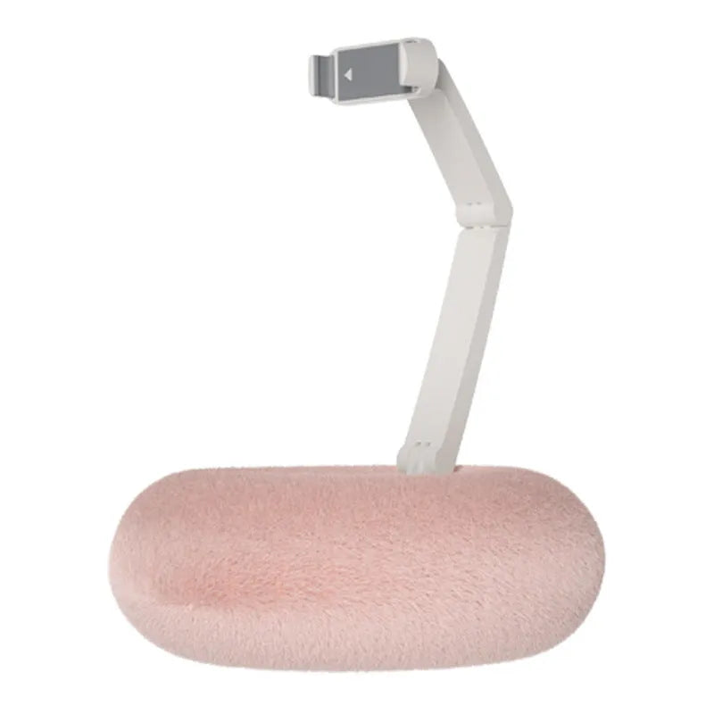 Adjustable rotating phone and tablet bracket on a desk, showing the clamp and fabric base.