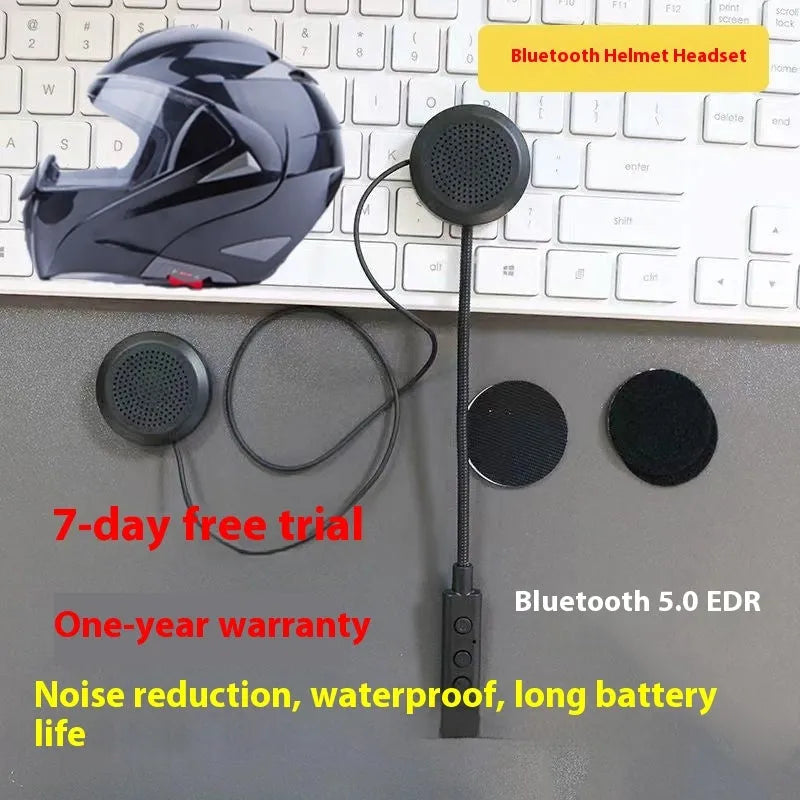 Black motorcycle helmet Bluetooth headset with large volume stereo and waterproof design on a dark background