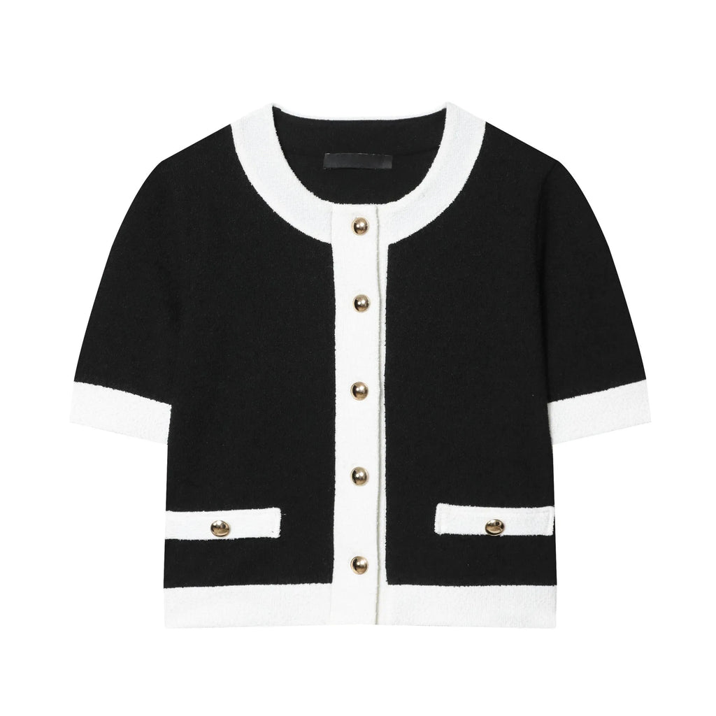 Polyester two-piece street fashion suit with round neck top and high-waisted trousers