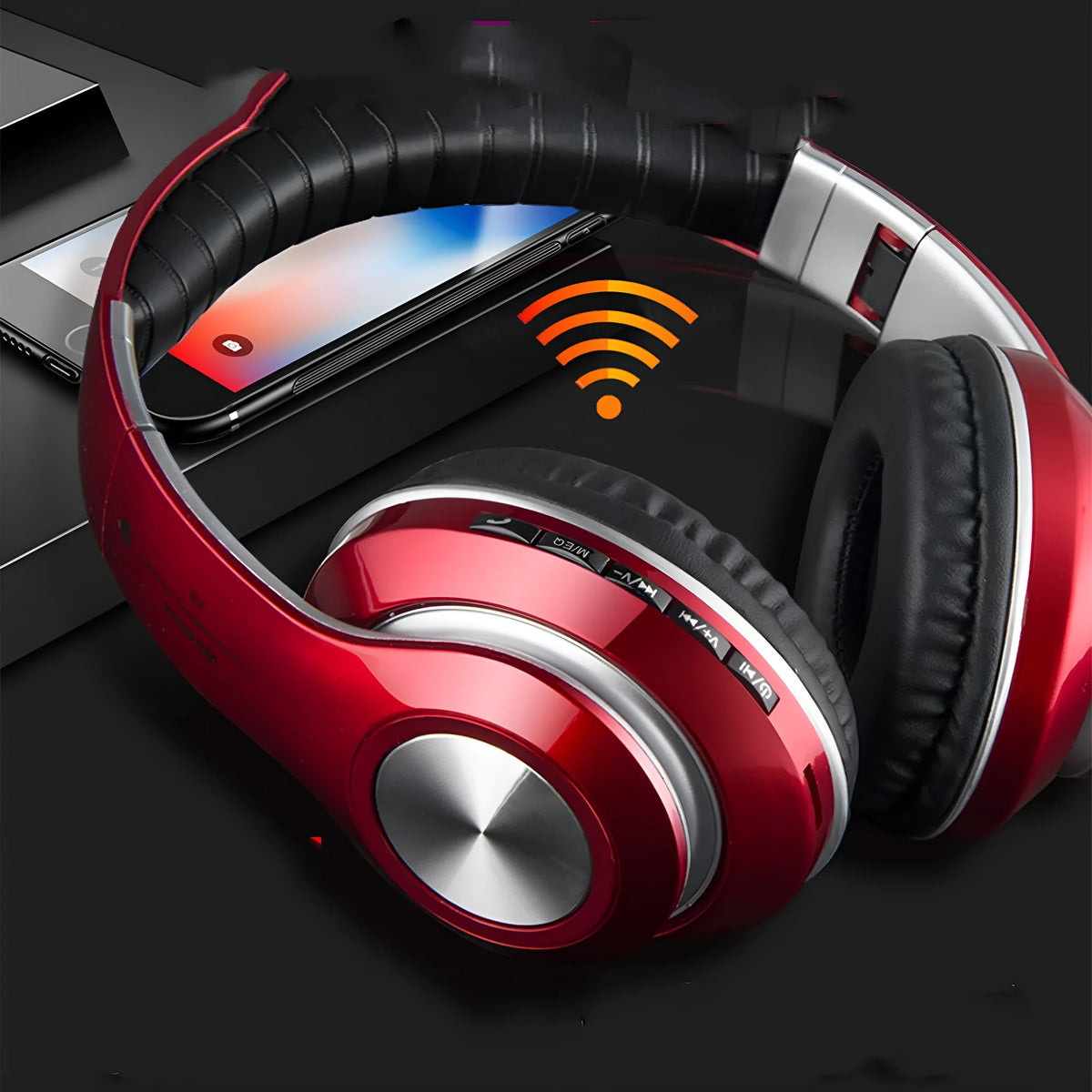 Private Mode 5.0 folding wireless stereo headphones in black with head-mounted design and button controls