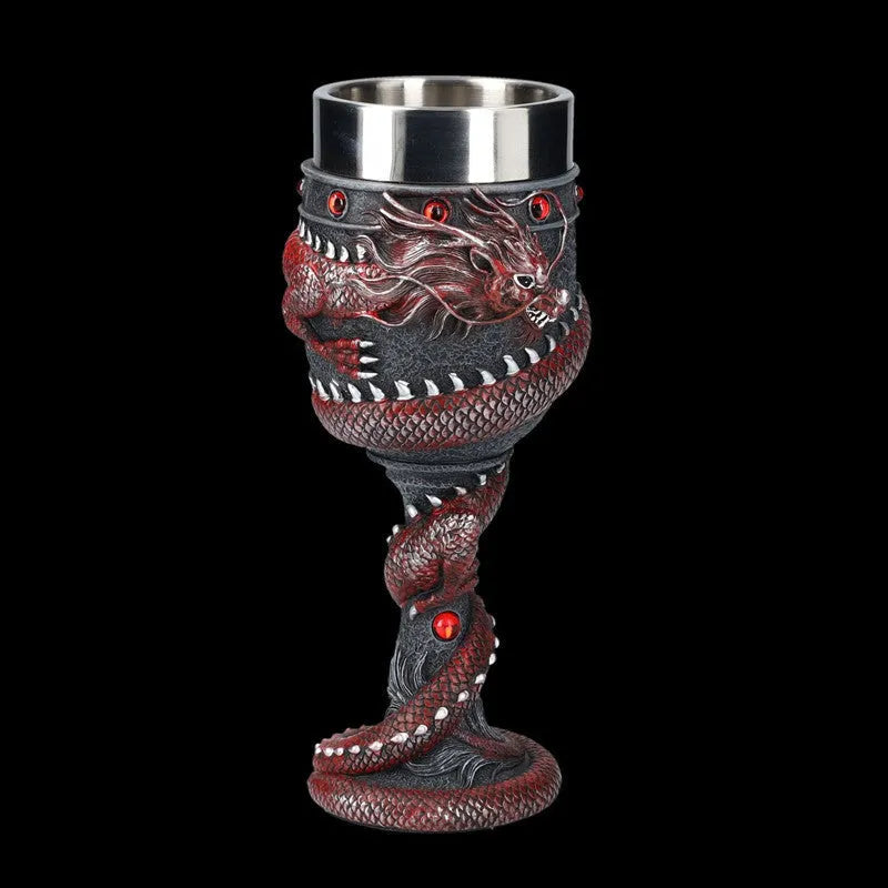 Red wine glass with stainless steel stem and 3D gold dragon resin decoration