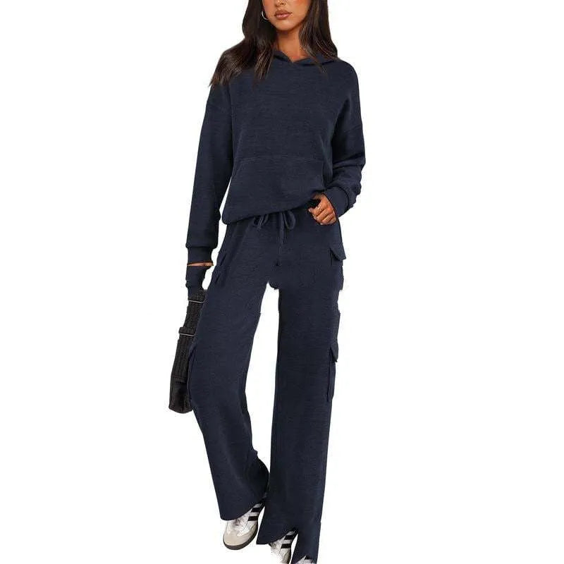 Women's long sleeve polyester leisure sports suit set with trousers in multiple colour options.